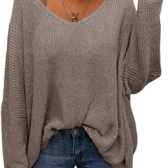 Women's Apricot V Neck Long Sleeve Knit Oversized Pullover Top - Picture 1 of 2